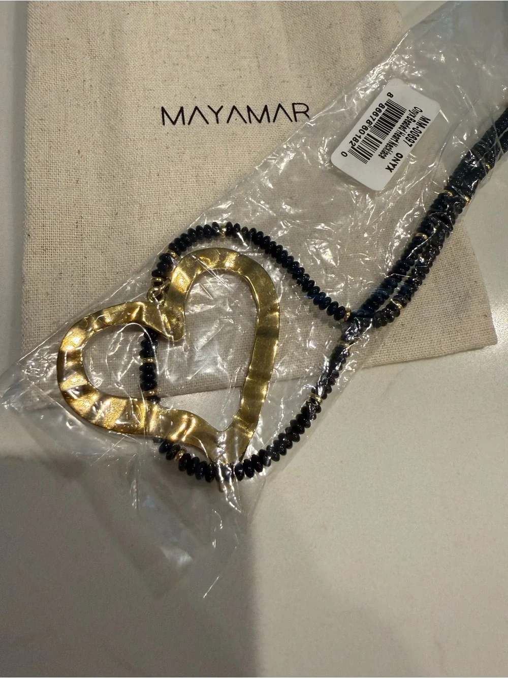 NEW Mayamar Black Onyx Beaded Gold Hammered Heart Necklace Boho